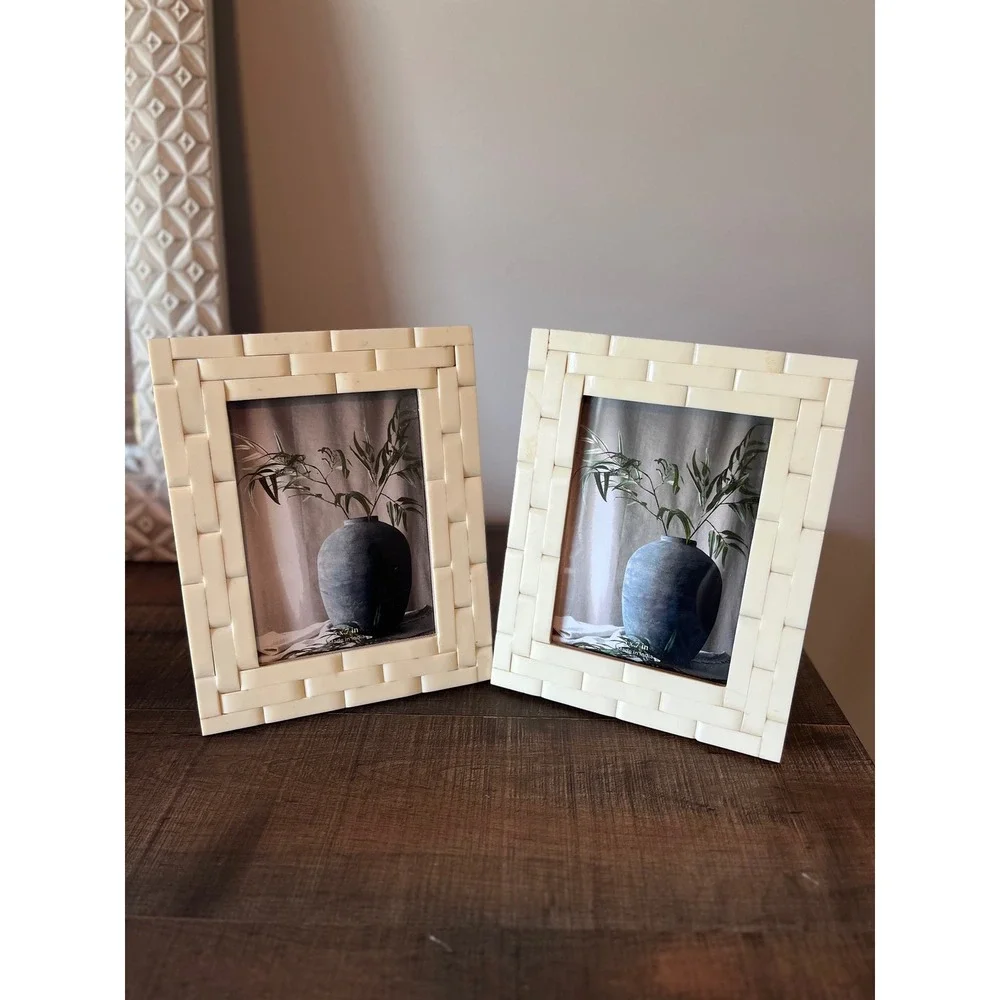 Set of 2 Bone and Resin 5x7 Picture Frames Cream Basketweave Handmade India